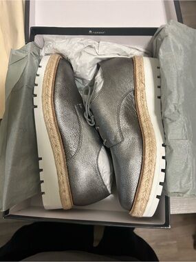 Eileen Fisher Metallic Silver Lace-Up Platform Oxfords with Espadrille Trim